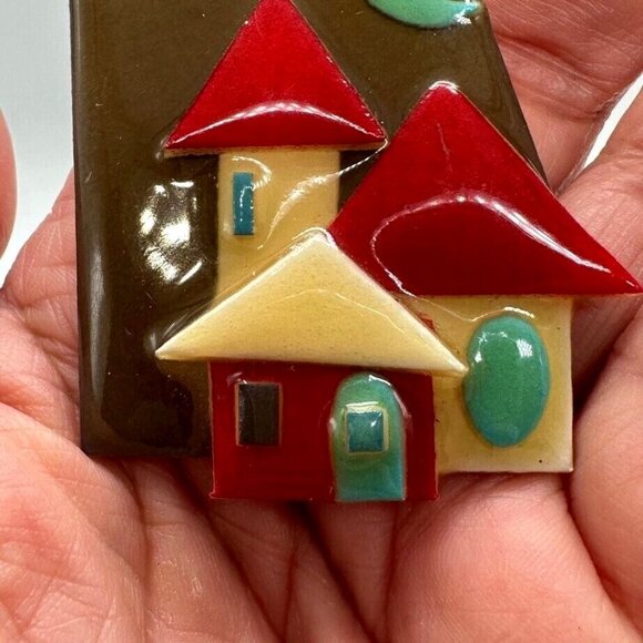 House Pins by Lucinda Mixed Media Resin 2" Pin Brown Red Blue Houses Green Moon - Picture 2 of 7